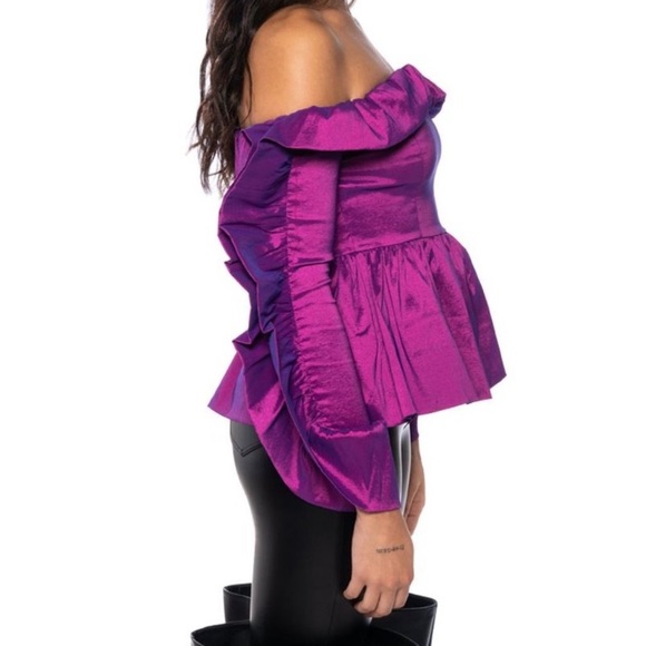 Callie Shimmer:  Slightly Stretchy Taffeta Ruffle Off Shoulder Purple Blouse SM - Picture 5 of 7